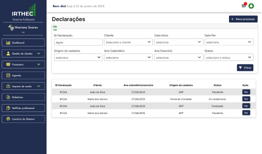 Tela de declarações do Painel Master IRTHEC
